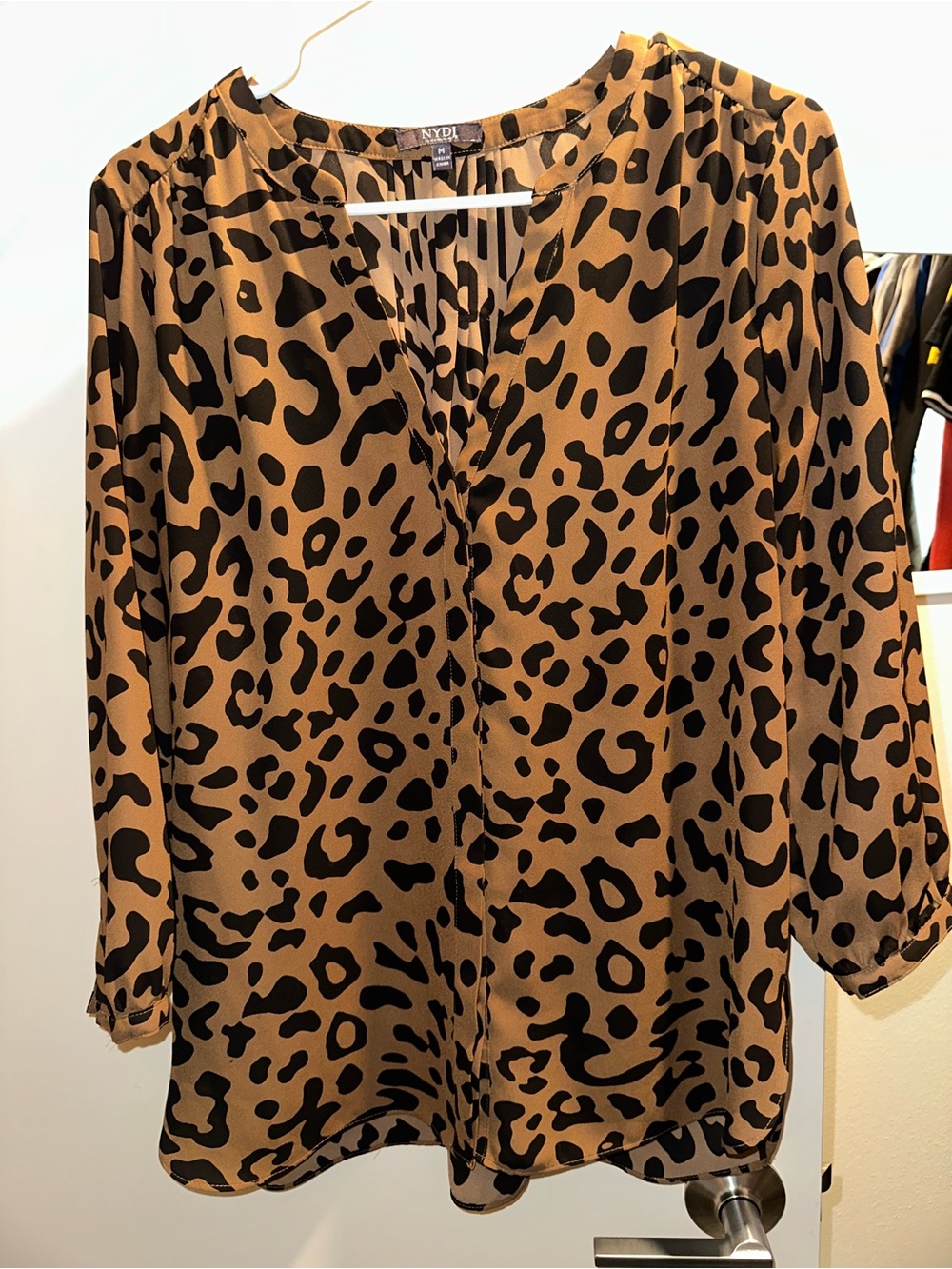 NYDJ Tan and Black Leopard Print V-Neck Blouse